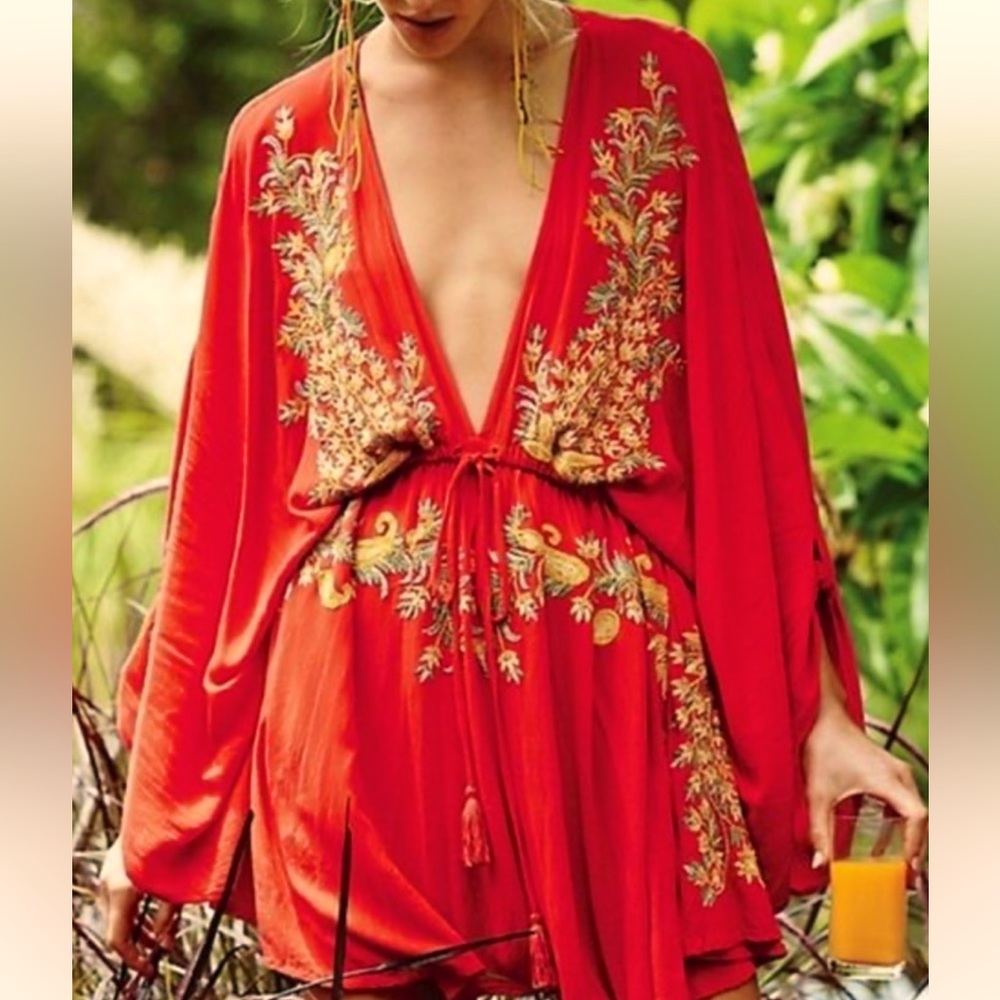 Free People Red Embroidered Deep V Mini Dress